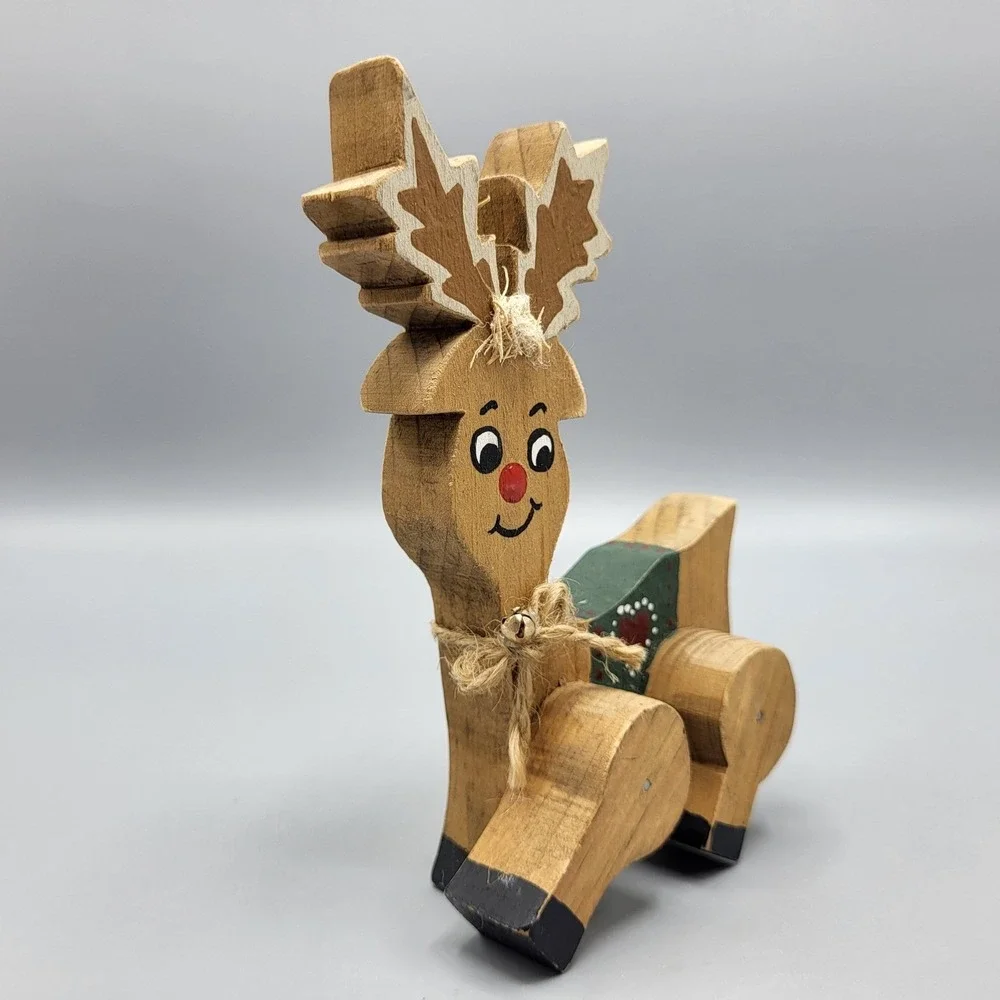 Vintage Wooden Red Nose Reindeer Figurine Holiday Decor Small Rustic Folk Art
